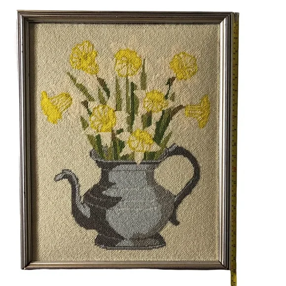 Large Vintage Cross Stitch Needlepoint Tapestry Style Tea Flowers Garden Teapot - Picture 7 of 11